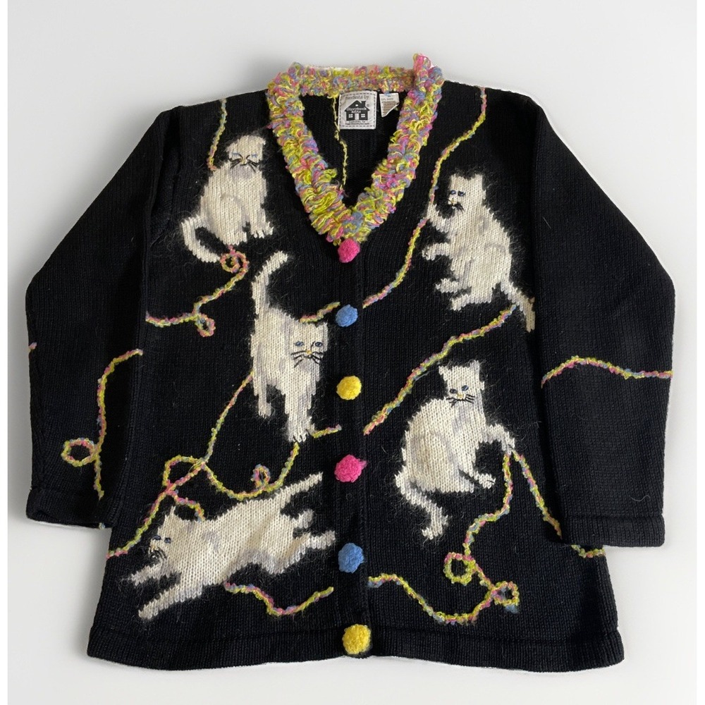 Storybook Knits Women's Cardigan Sweater Cat Cats Playing Black Knit Sz Medium